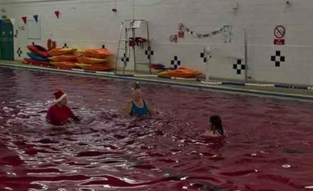 敢来红色泳池游泳吗，假日游泳池被染成血色引争议